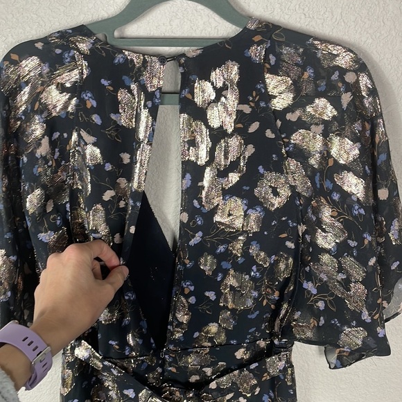 SOLD New BA&SH Lady Dress Floral Metallic Tee Silk Midi V Neck Short Sleeve XS - Picture 12 of 16